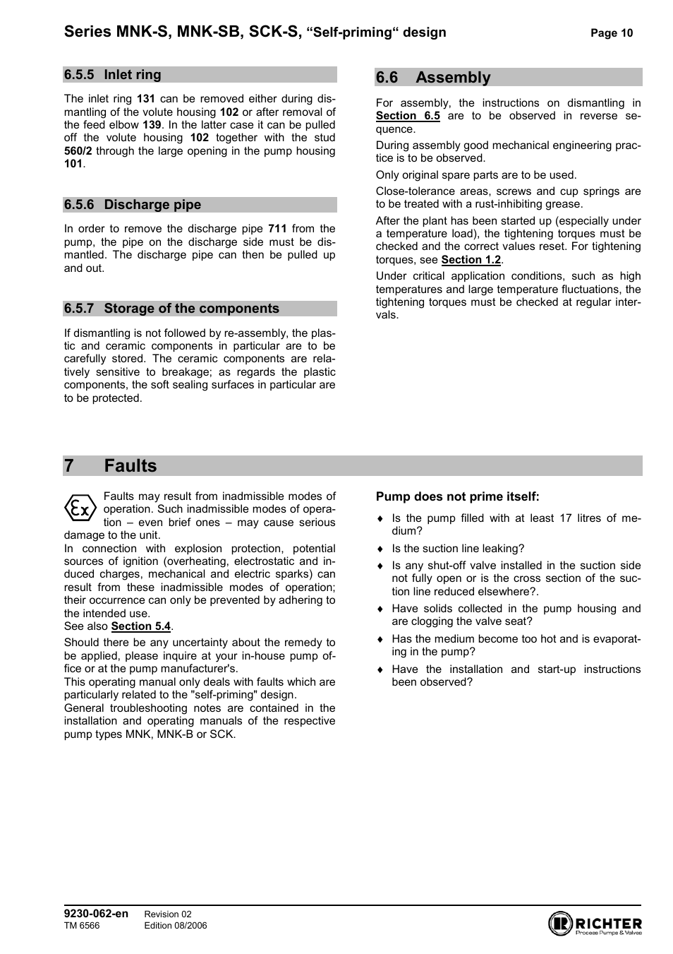 5 inlet ring, 6 discharge pipe, 7 storage of the components | 6 assembly, 7 faults, Inlet ring, Discharge pipe, Storage of the components, Assembly, 7faults | Richter SCK-S User Manual | Page 10 / 11