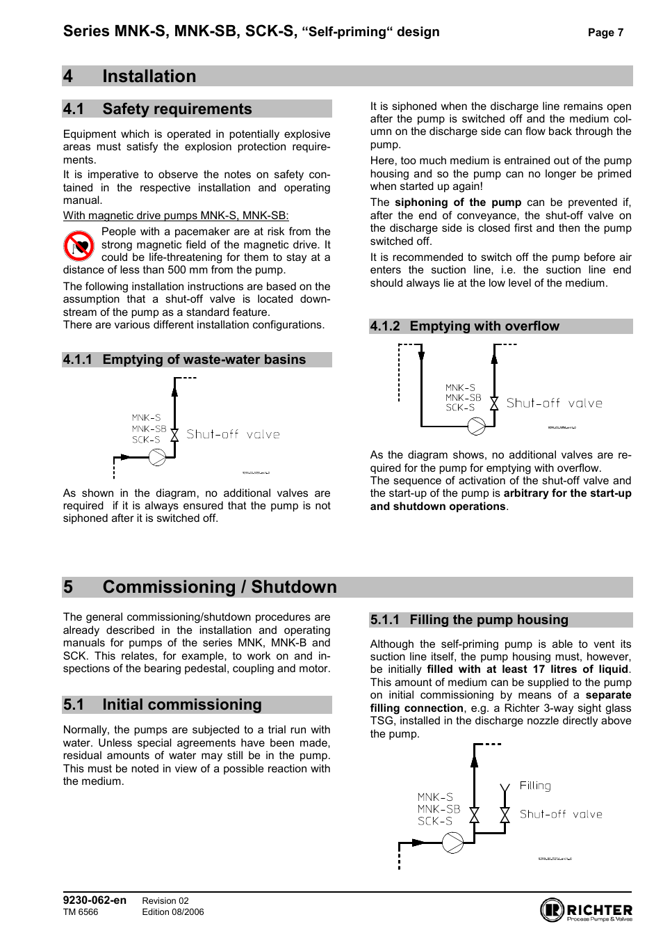 4 installation, 1 safety requirements, 1 emptying of waste-water basins | 2 emptying with overflow, 5 commissioning / shutdown, 1 initial commissioning, 1 filling the pump housing, Safety requirements, Emptying of waste-water basins, Emptying with overflow | Richter SCK-S User Manual | Page 7 / 11