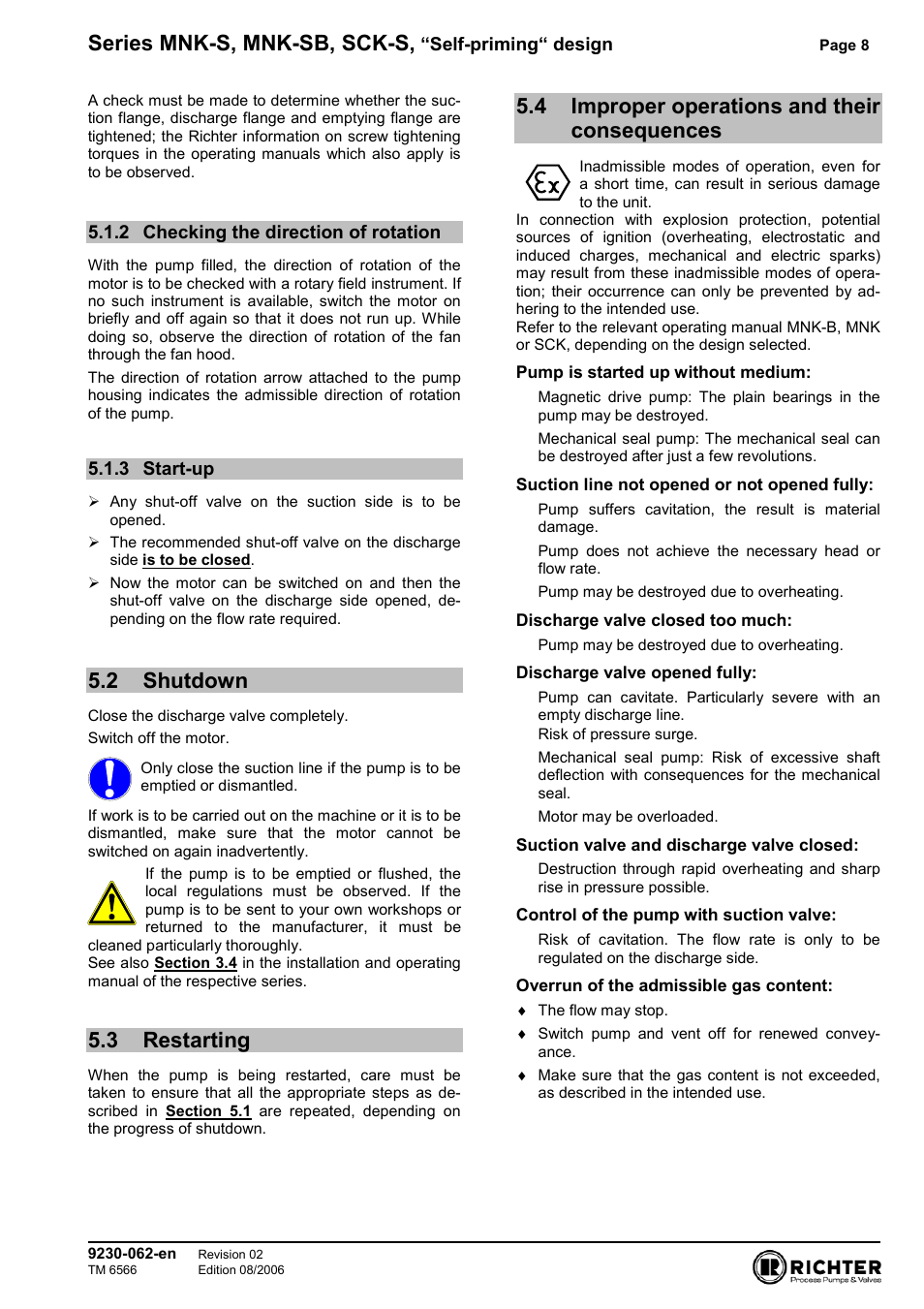 2 checking the direction of rotation, 3 start-up, 2 shutdown | 3 restarting, 4 improper operation and their consequences, Checking the direction of rotation, Start-up 8, Shutdown, Restarting, Series mnk-s, mnk-sb, sck-s | Richter SCK-S User Manual | Page 8 / 11