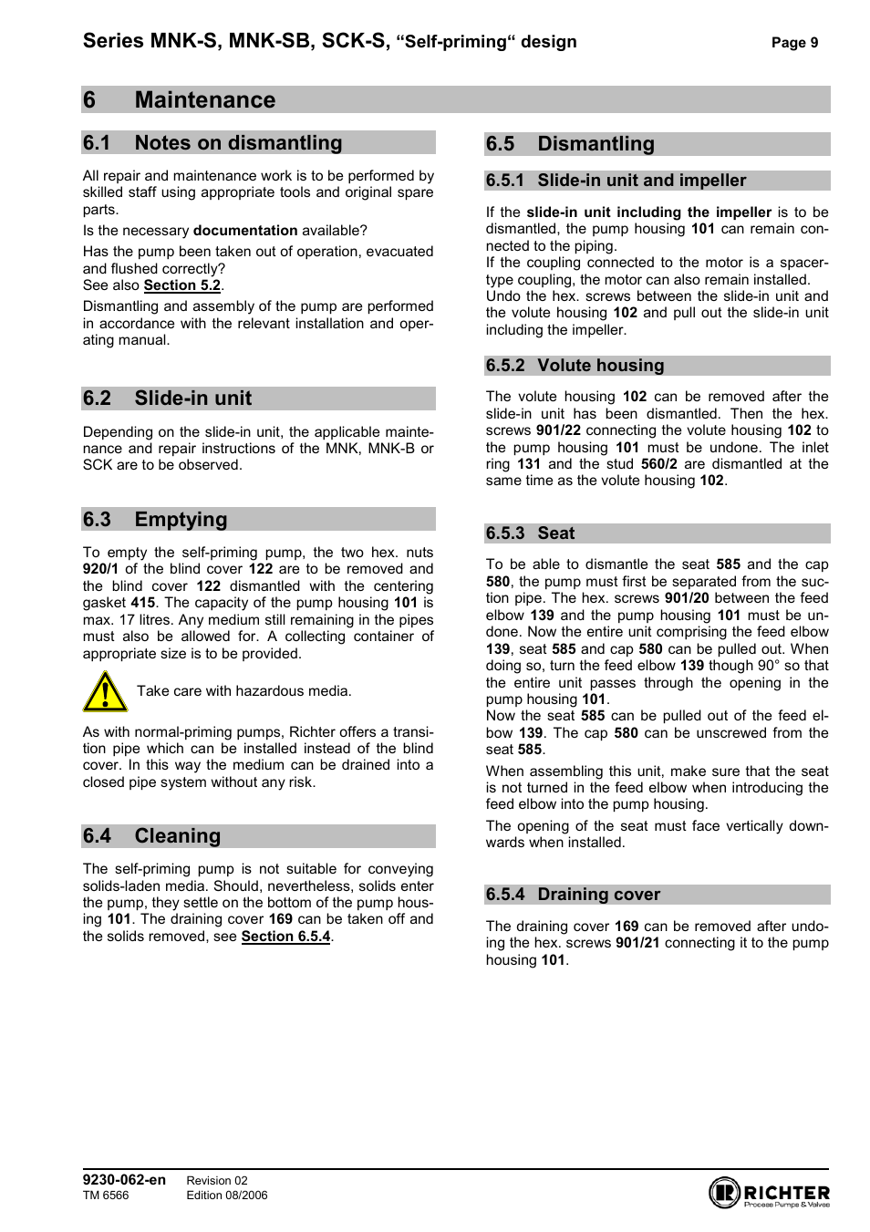 6 maintenance, 1 notes on dismantling, 2 slide-in unit | 3 emptying, 4 cleaning, 5 dismantling, 1 slide-in unit and impeller, 2 volute housing, 3 seat, 4 draining cover | Richter SCK-S User Manual | Page 9 / 11