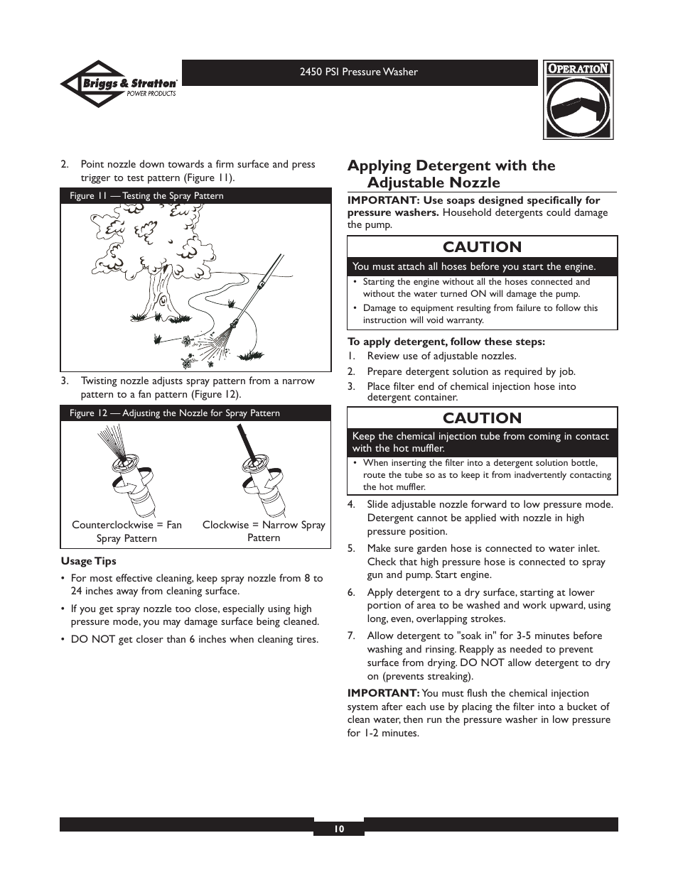Applying detergent with the adjustable nozzle, Caution | Briggs & Stratton 20215 User Manual | Page 10 / 32