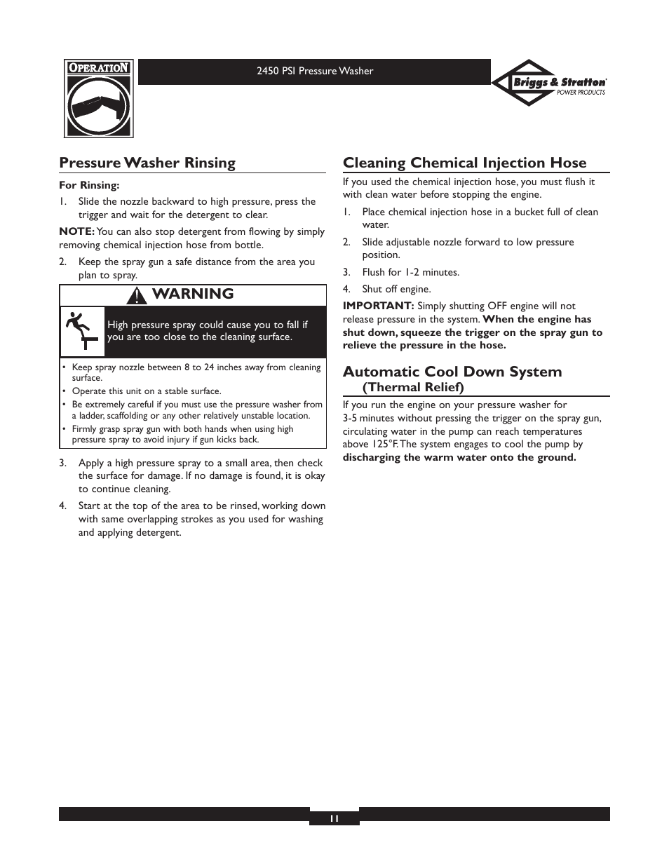 Pressure washer rinsing, Cleaning chemical injection hose, Automatic cool down system | Warning | Briggs & Stratton 20215 User Manual | Page 11 / 32