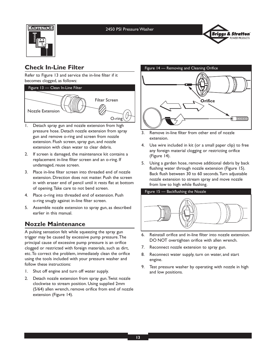 Check in-line filter, Nozzle maintenance | Briggs & Stratton 20215 User Manual | Page 13 / 32