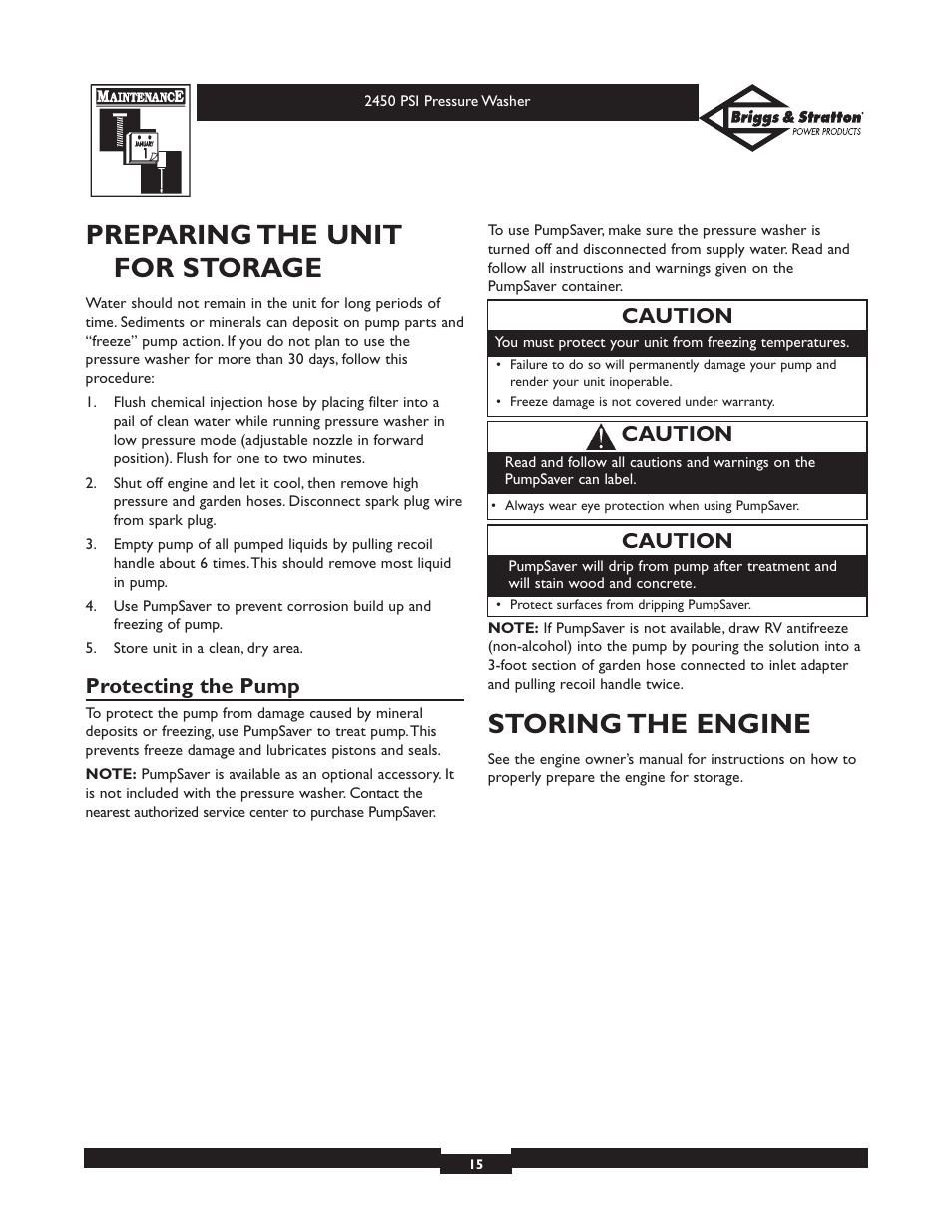 Preparing the unit for storage, Storing the engine, Protecting the pump | Caution | Briggs & Stratton 20215 User Manual | Page 15 / 32