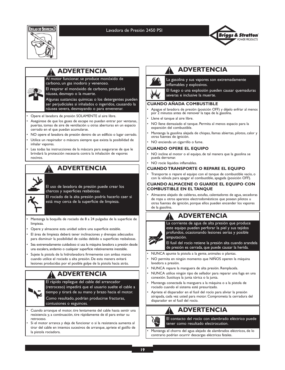 Advertencia | Briggs & Stratton 20215 User Manual | Page 19 / 32
