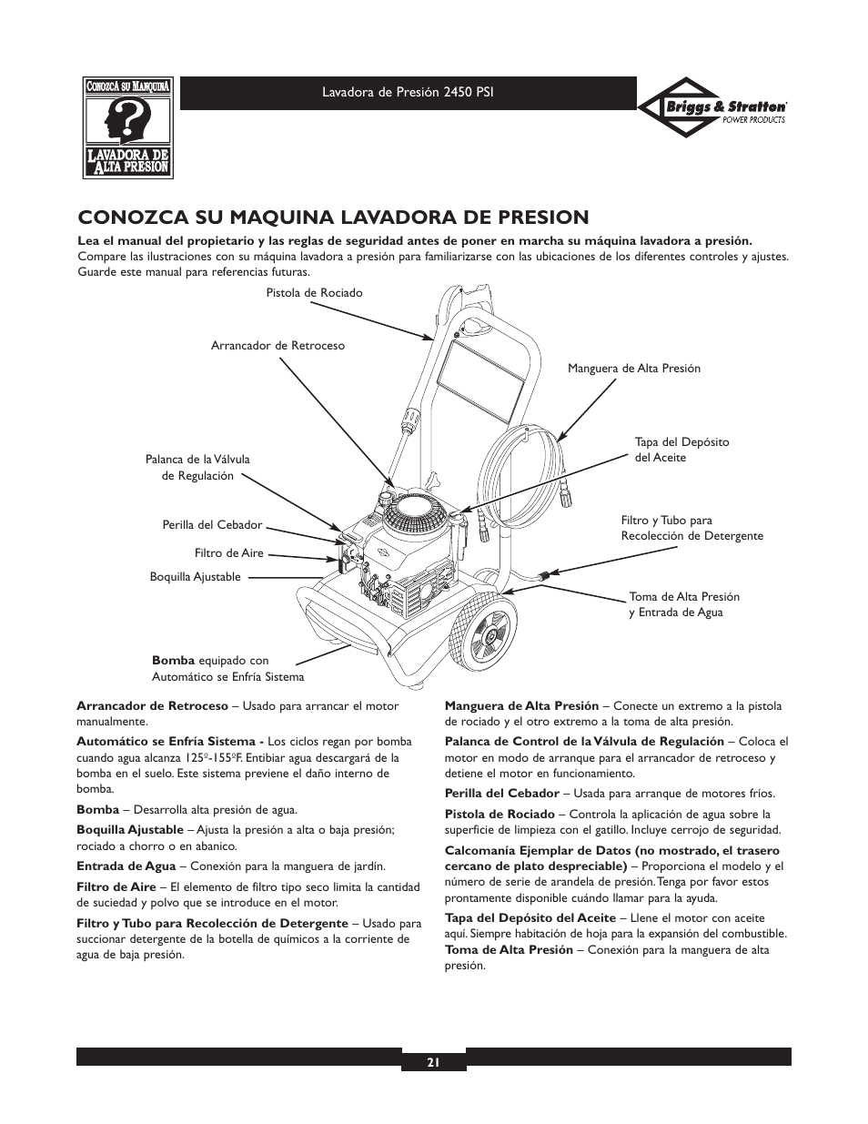 Conozca su maquina lavadora de presion | Briggs & Stratton 20215 User Manual | Page 21 / 32