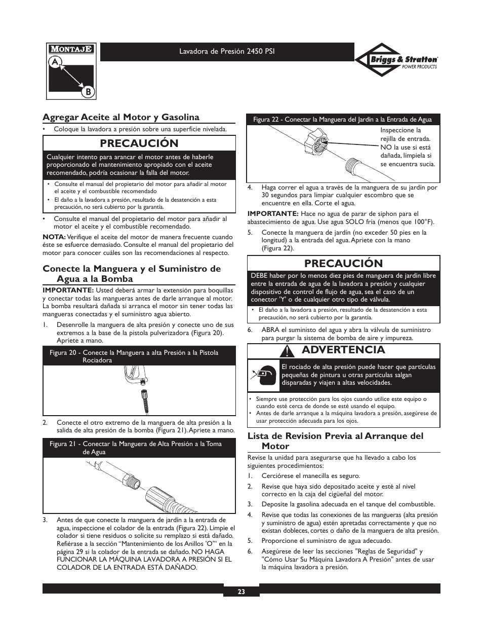 Precaución, Advertencia, Agregar aceite al motor y gasolina | Lista de revision previa al arranque del motor | Briggs & Stratton 20215 User Manual | Page 23 / 32