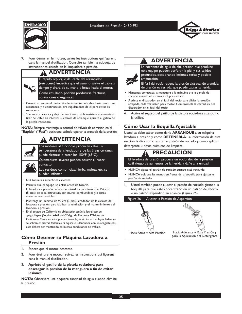 Precaución, Advertencia, Cómo detener su máquina lavadora a presión | Cómo usar la boquilla ajustable | Briggs & Stratton 20215 User Manual | Page 25 / 32