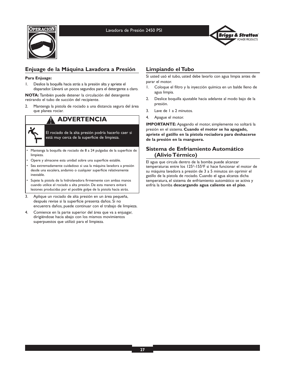 Advertencia, Enjuage de la máquina lavadora a presión, Limpiando el tubo | Briggs & Stratton 20215 User Manual | Page 27 / 32