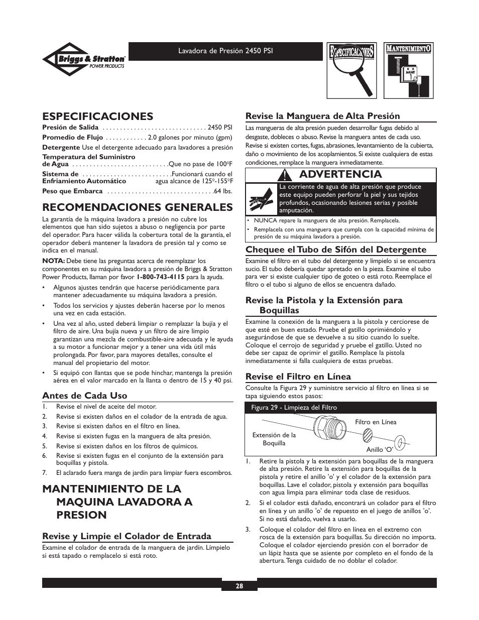 Especificaciones, Recomendaciones generales, Mantenimiento de la maquina lavadora a presion | Advertencia | Briggs & Stratton 20215 User Manual | Page 28 / 32