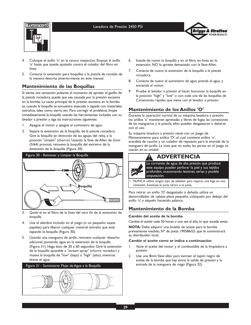 Advertencia, Mantenimiento de las boquillas, Mantenimiento de los anillos 'o | Mantenimiento de la bomba | Briggs & Stratton 20215 User Manual | Page 29 / 32