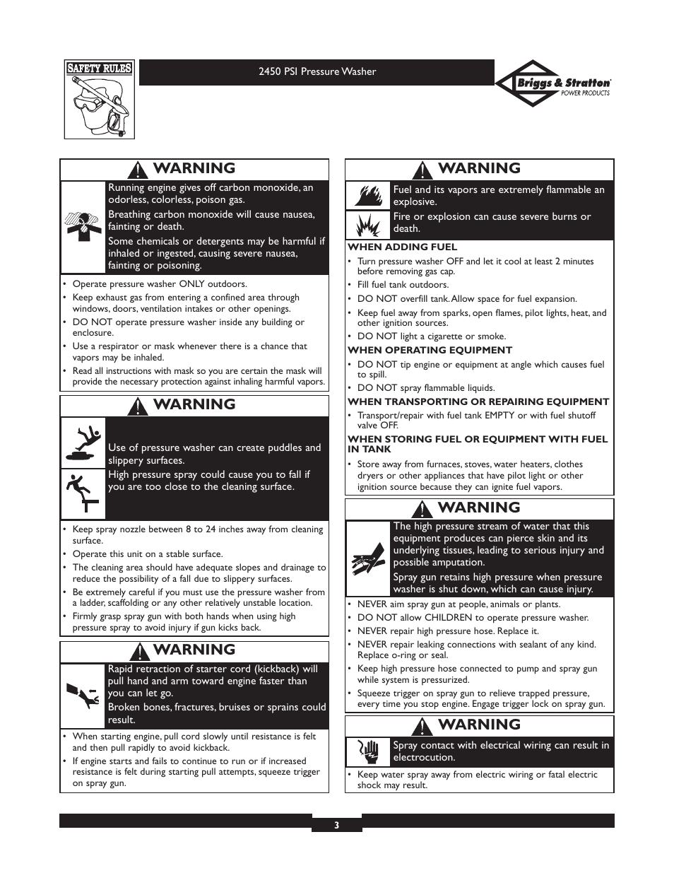 Warning | Briggs & Stratton 20215 User Manual | Page 3 / 32