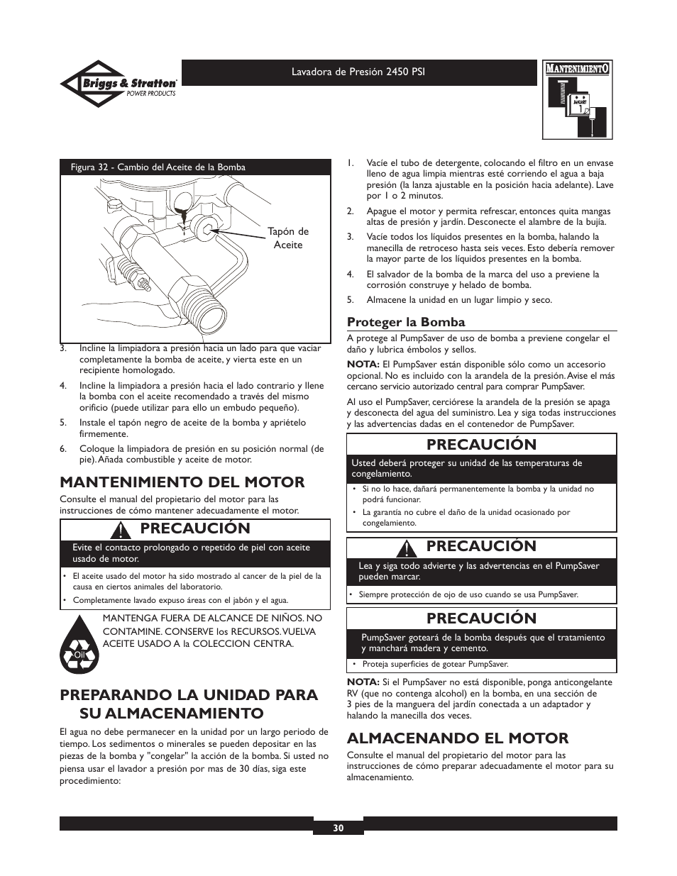 Mantenimiento del motor, Preparando la unidad para su almacenamiento, Almacenando el motor | Precaución | Briggs & Stratton 20215 User Manual | Page 30 / 32