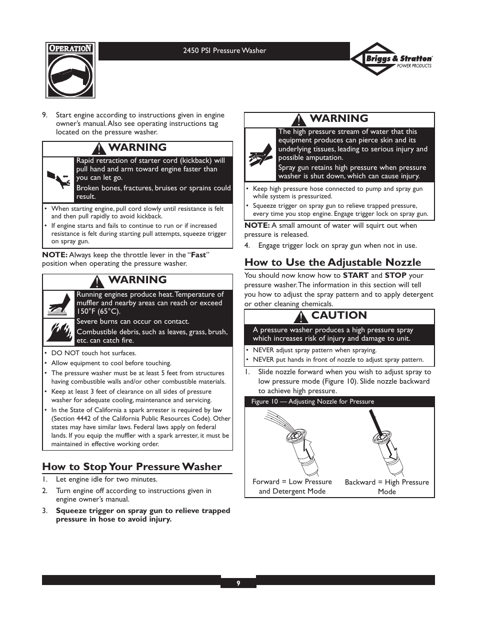 How to stop your pressure washer, How to use the adjustable nozzle, Caution | Warning | Briggs & Stratton 20215 User Manual | Page 9 / 32