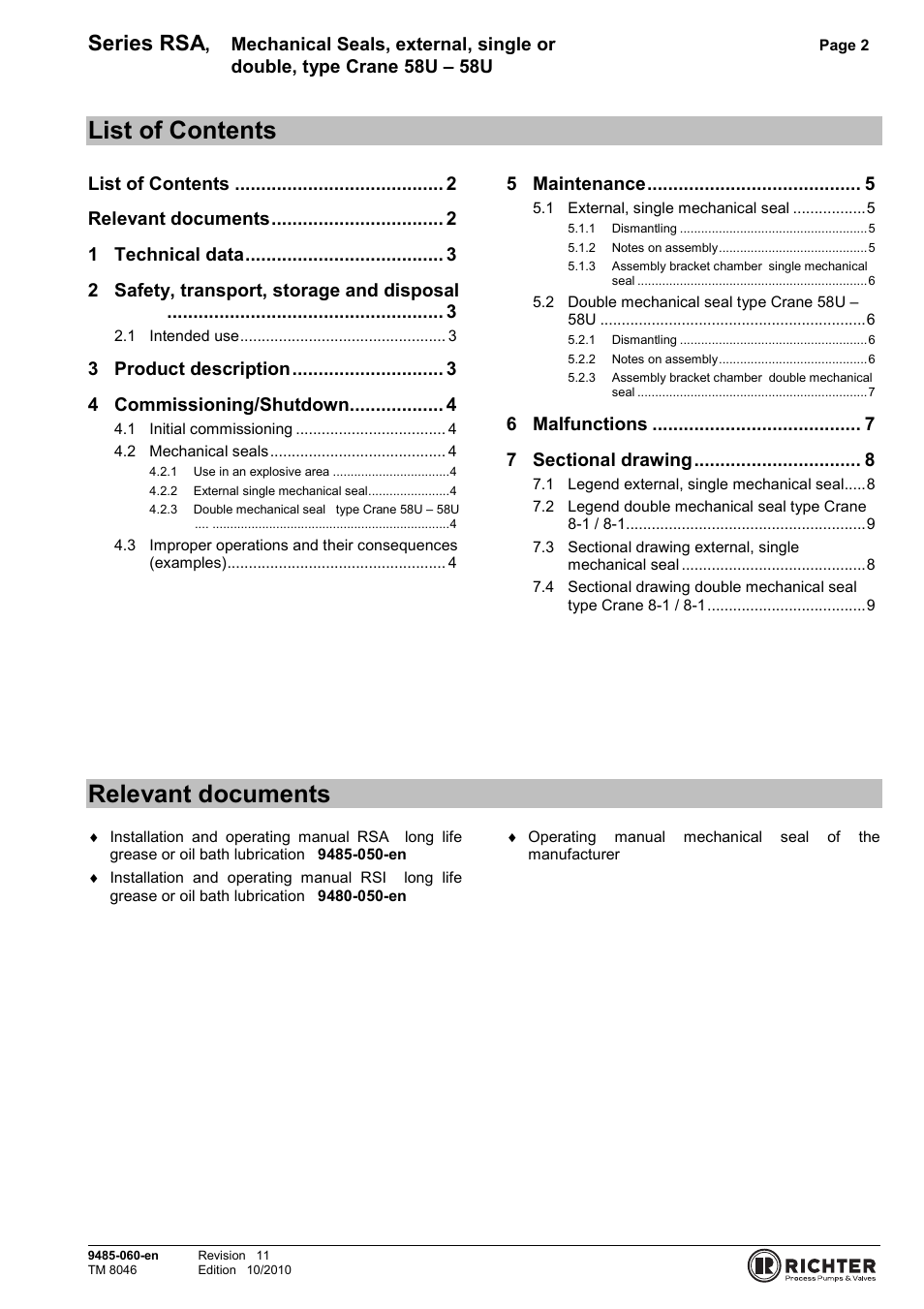 List of contents, Relevant documents, Series rsa | Richter RSI Series User Manual | Page 2 / 9