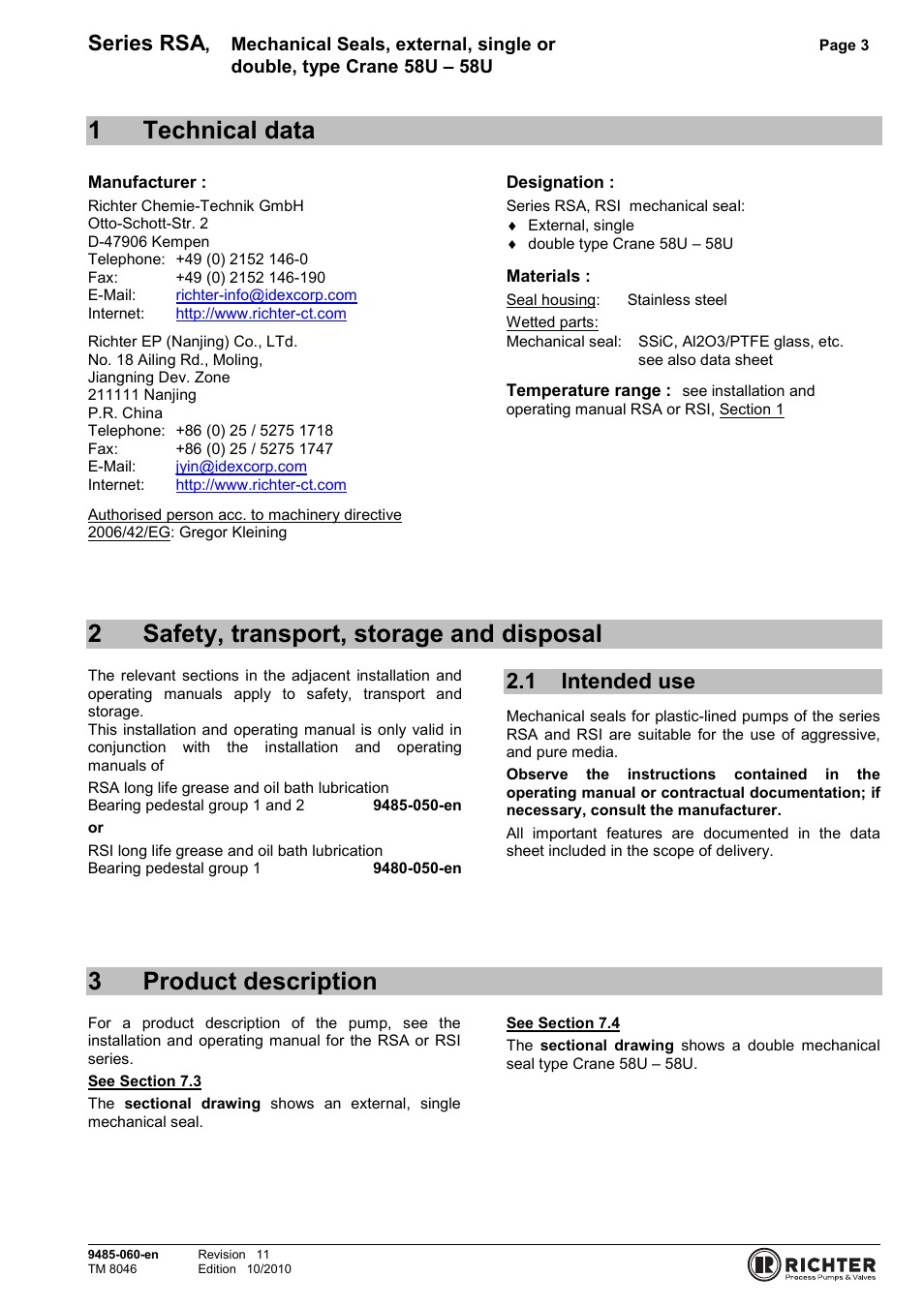 1 technical data, 2 safety, transport, storage and disposal, 1 intended use | 3 product description, Intended use, 1technical data, 2safety, transport, storage and disposal, 3product description, Series rsa | Richter RSI Series User Manual | Page 3 / 9