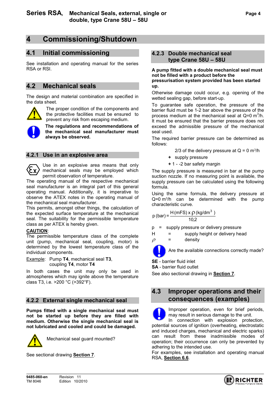 4 commissioning/shutdown, 1 initial commissioning, 2 mechanical seals | 1 use in an explosive area, 2 external single mechanical seal, 3 double mechanical seal type crane 58u – 58u, Initial commissioning, Mechanical seals, Use in an explosive area, External single mechanical seal | Richter RSI Series User Manual | Page 4 / 9