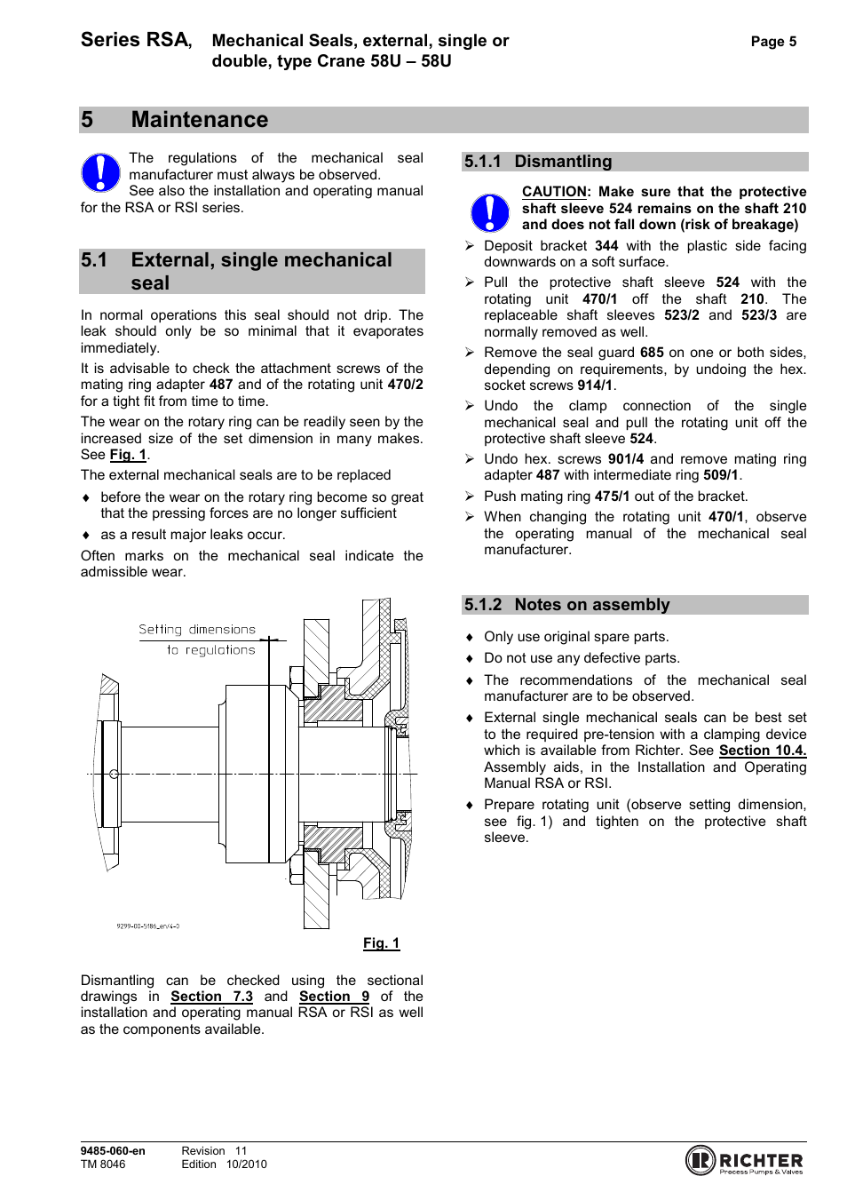 5 maintenance, 1 external, single mechanical seal, 1 dismantling | 2 notes on assembly, External, single mechanical seal, Dismantling, Notes on assembly, 5maintenance, Series rsa | Richter RSI Series User Manual | Page 5 / 9