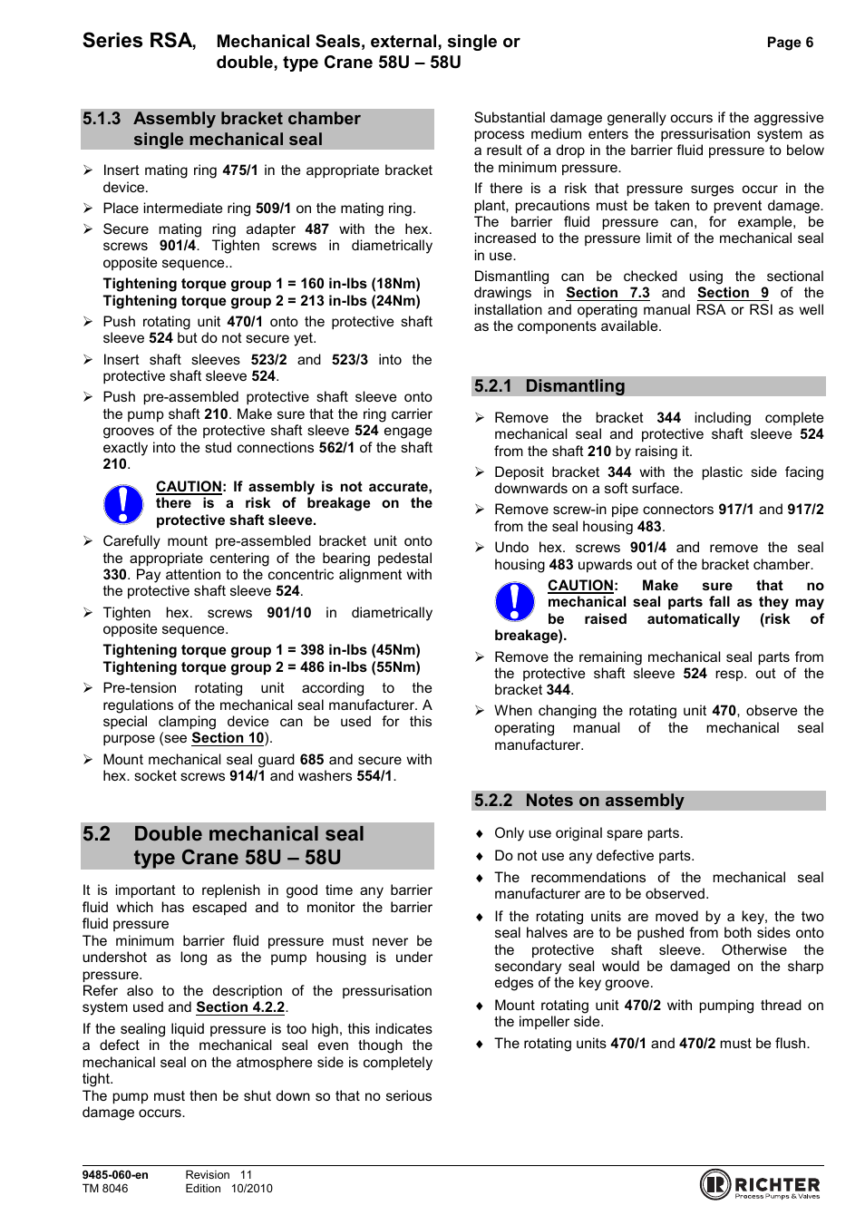 3 assembly bracket chamber single mechanical seal, 2 double mechanical seal type crane 58u – 58u, 1 dismantling | 2 notes on assembly, Seal, Dismantling, Notes on assembly, Series rsa | Richter RSI Series User Manual | Page 6 / 9