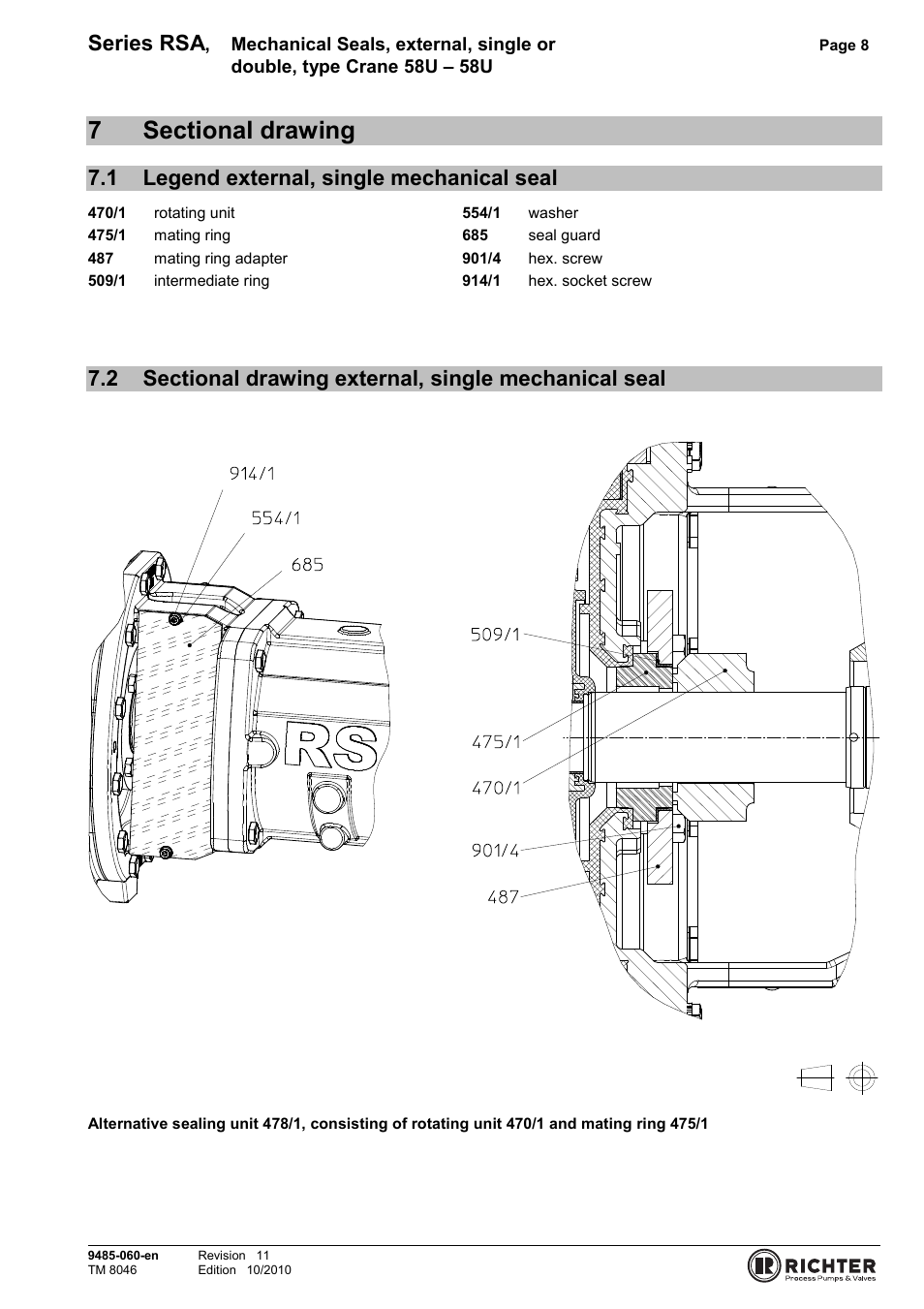 7 sectional drawing, 1 legend external, single mechanical seal, Legend external, single mechanical seal | Mechanical seal, Series rsa | Richter RSI Series User Manual | Page 8 / 9