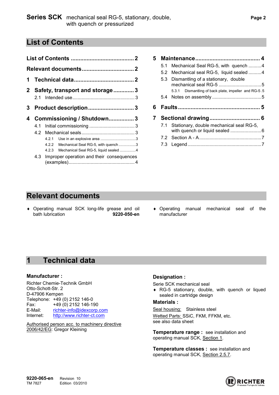 List of contents, Relevant documents, 1 technical data | 1technical data, Series sck | Richter RG5 User Manual | Page 2 / 7