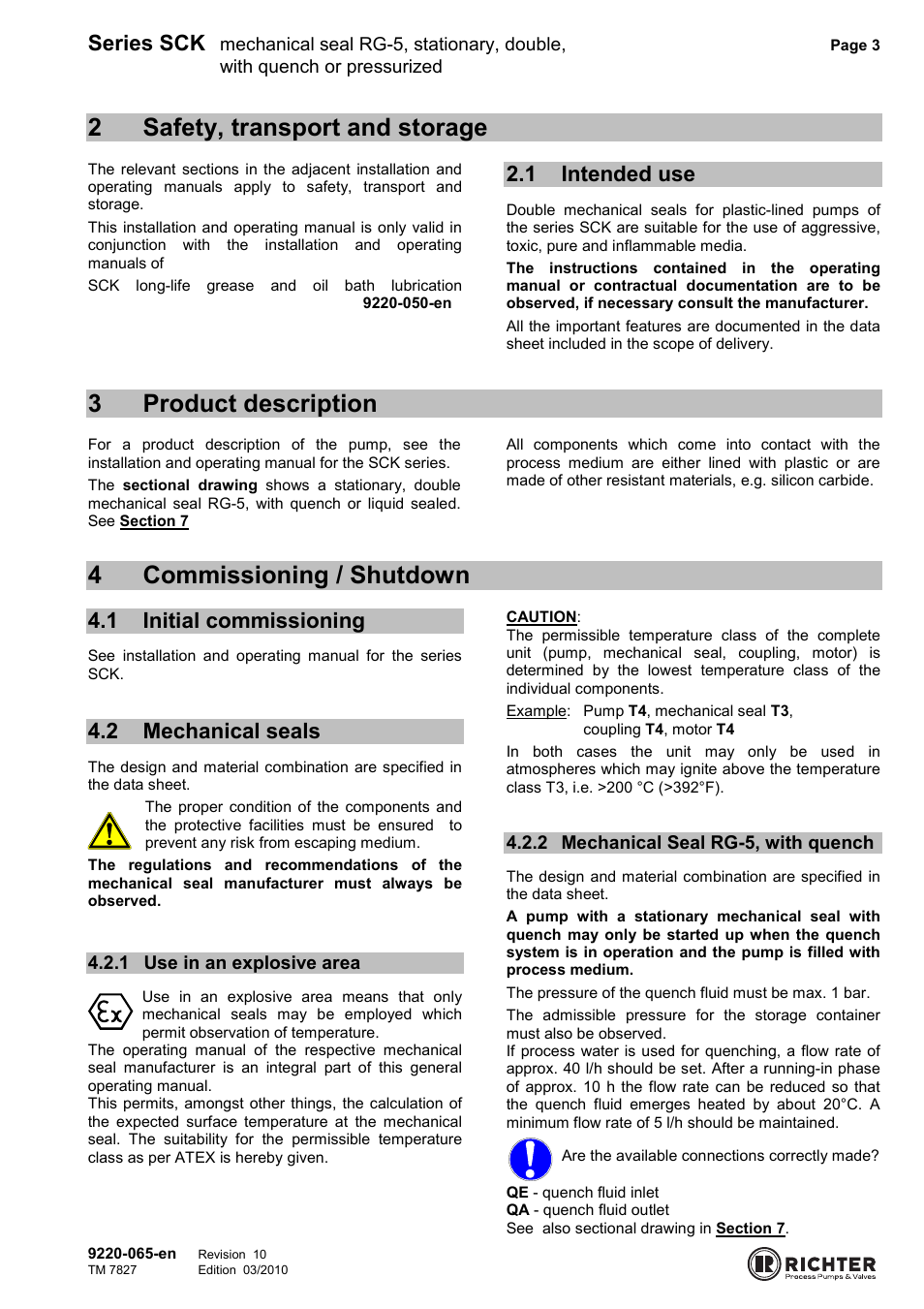 2 safety, transport and storage, 1 intended use, 3 product description | 4 commissioning / shutdown, 1 initial commissioning, 2 mechanical seals, 1 use in an explosive area, 2 mechanical seal rg-5, with quench, Intended use, Initial commissioning | Richter RG5 User Manual | Page 3 / 7