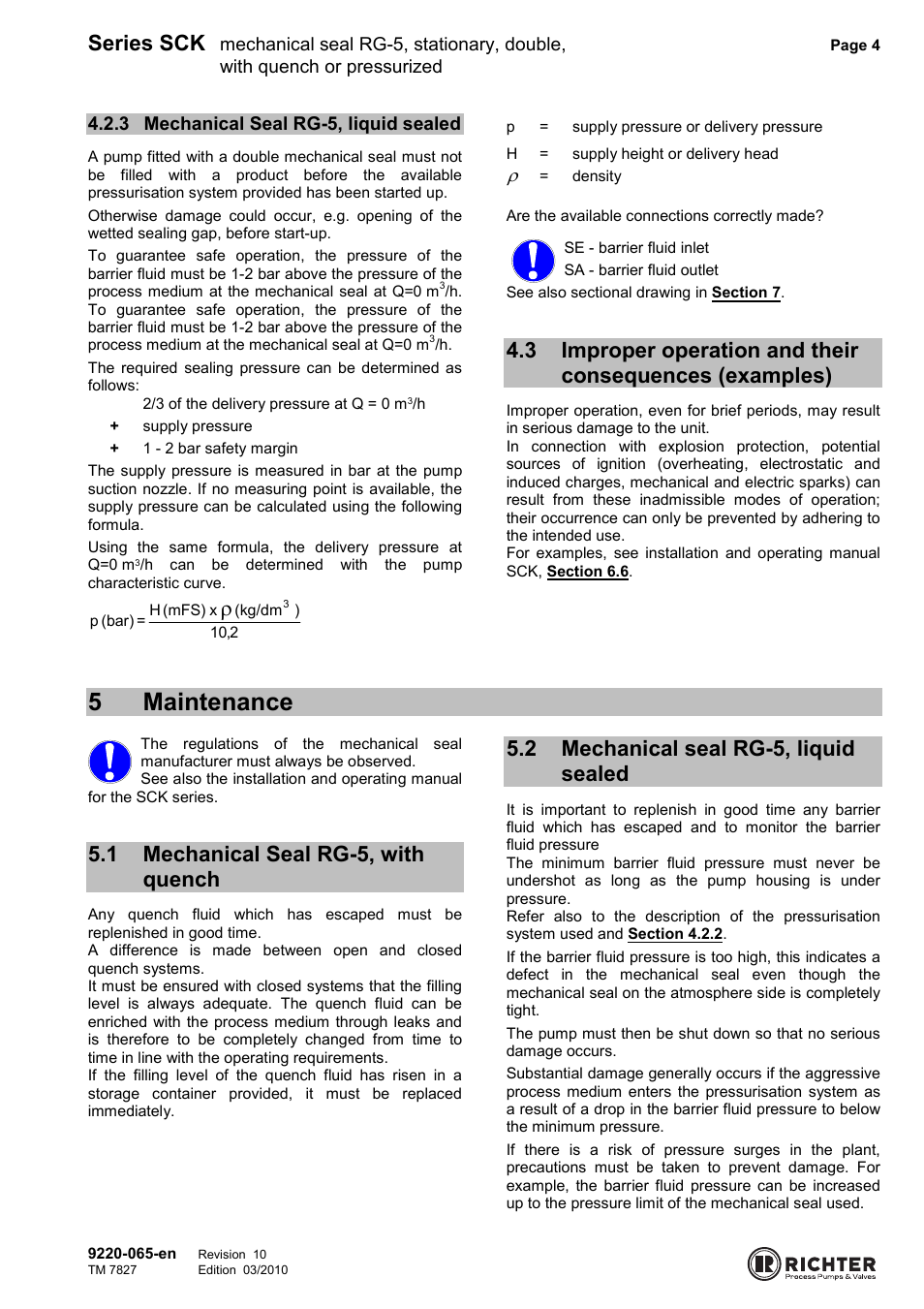 3 mechanical seal rg-5, liquid sealed, 5 maintenance, 1 mechanical seal rg-5, with quench | 2 mechanical seal rg-5, liquid sealed, Mechanical seal rg-5, liquid sealed, Examples), Mechanical seal rg-5, with quench, 5maintenance, Series sck | Richter RG5 User Manual | Page 4 / 7