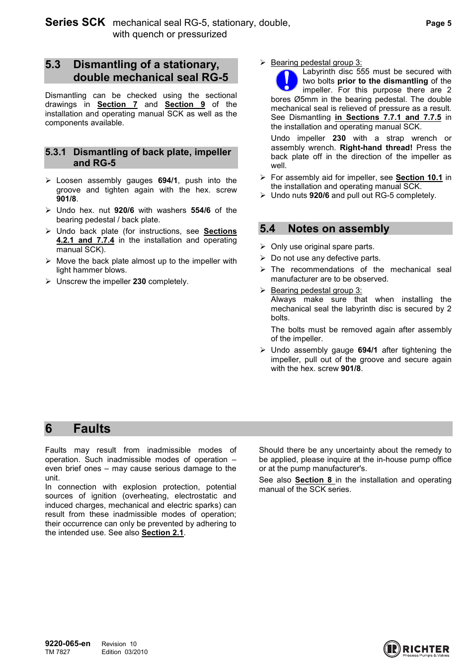 1 dismantling of back plate, impeller and rg-5, 4 notes on assembly, 6 faults | Mechanical seal rg-5, Dismantling of back plate, impeller and rg-5 . 5, Notes on assembly, 6faults, Series sck | Richter RG5 User Manual | Page 5 / 7