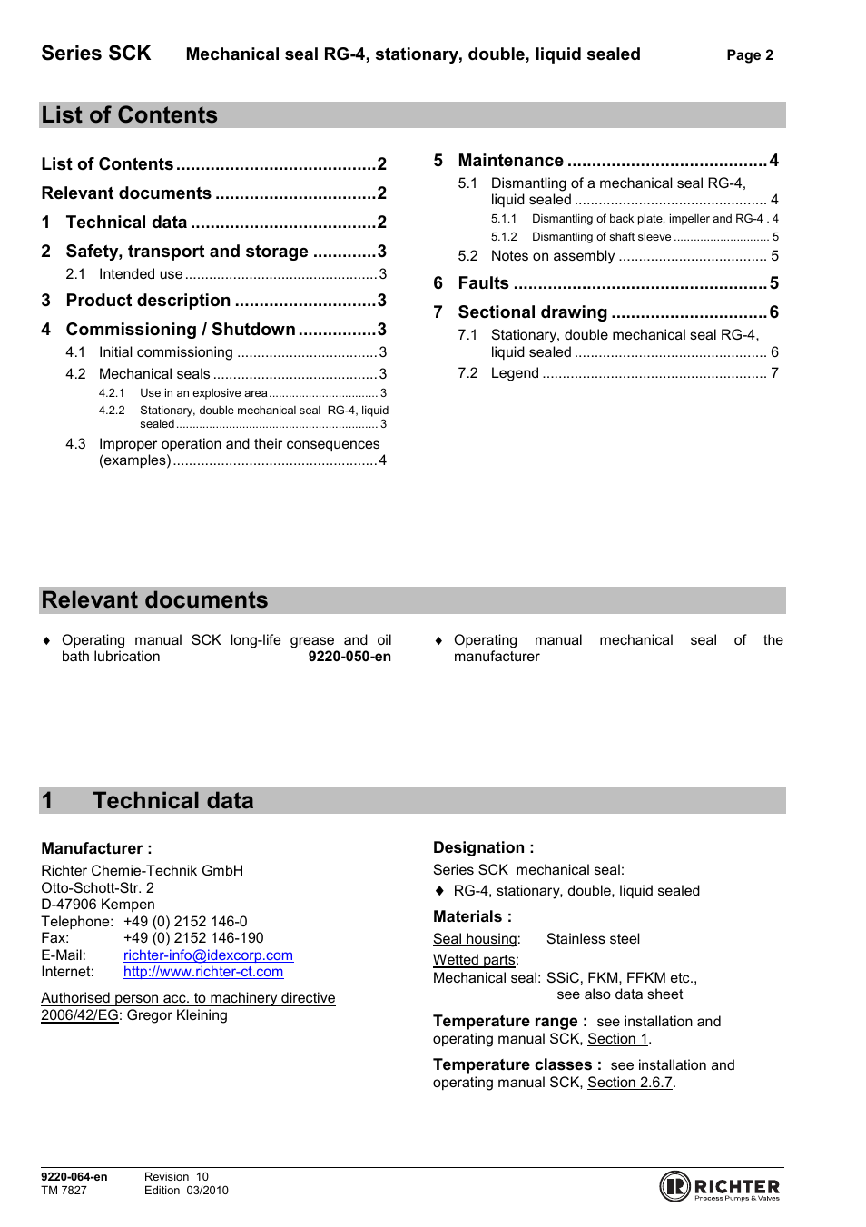 List of contents, Relevant documents, 1 technical data | 1technical data, Series sck | Richter RG4 stationary, double User Manual | Page 2 / 7