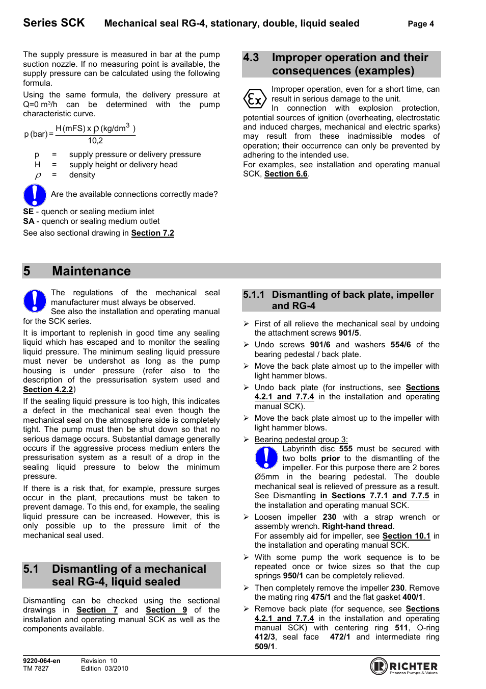 5 maintenance, 1 dismantling of back plate, impeller and rg-4, Aintenance | Sealed, Dismantling of back plate, impeller and rg-4 . 4, 5maintenance, Series sck | Richter RG4 stationary, double User Manual | Page 4 / 7