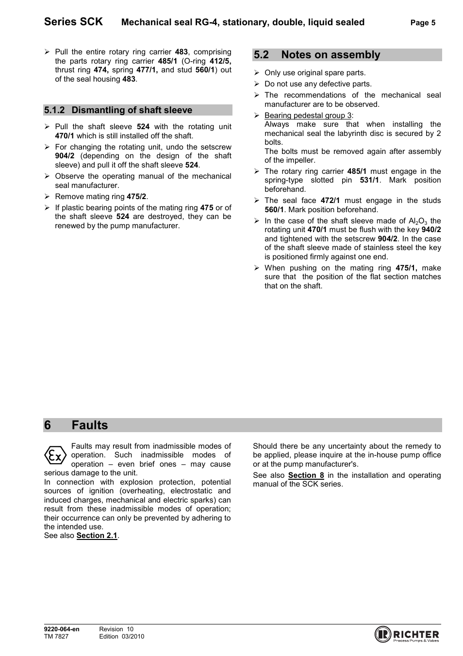 2 dismantling of shaft sleeve, 2 notes on assembly, 6 faults | Dismantling of shaft sleeve, Notes on assembly, Aults, 6faults, Series sck | Richter RG4 stationary, double User Manual | Page 5 / 7