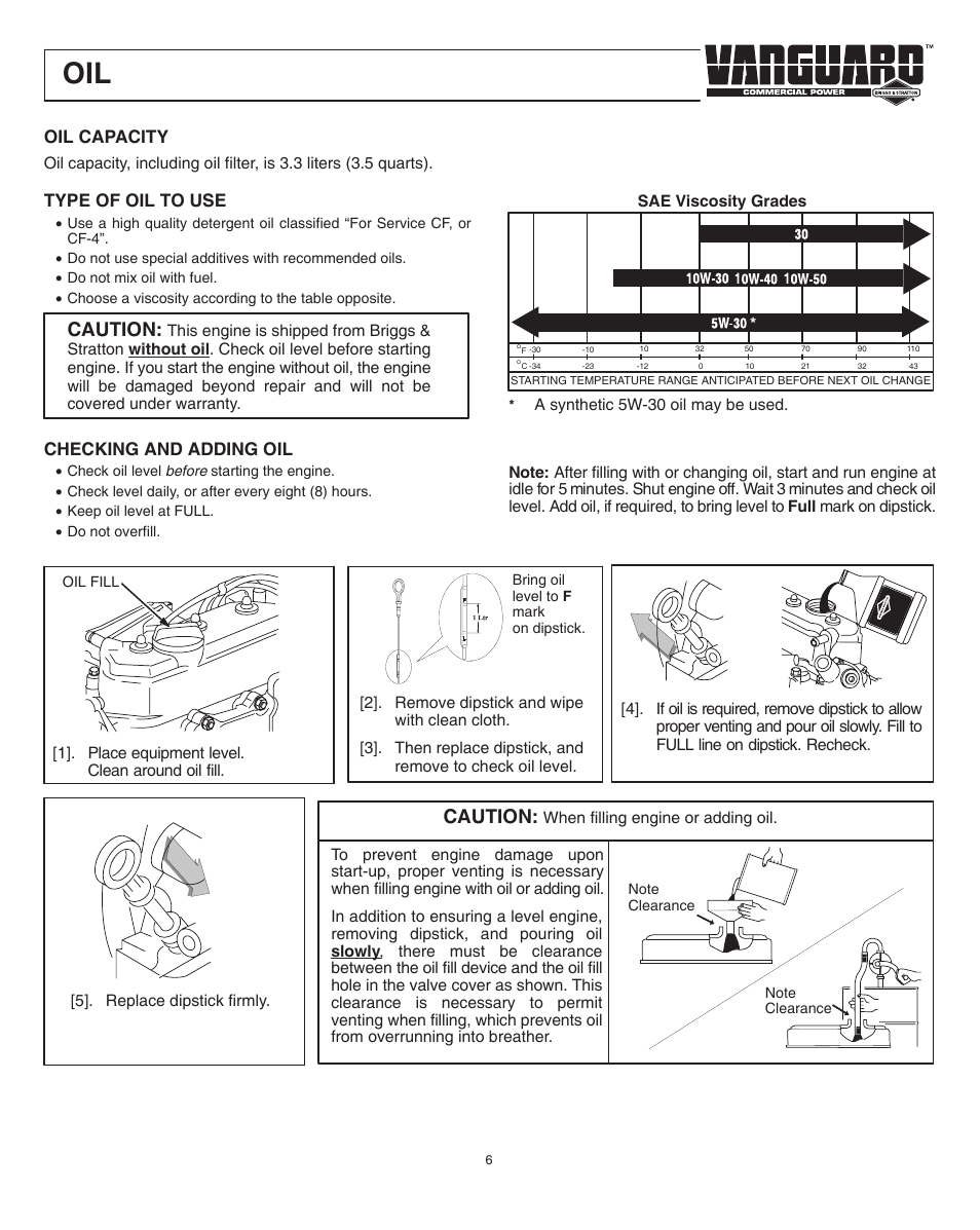 Caution, Oil capacity, Type of oil to use | Checking and adding oil | Briggs & Stratton VANGUARD 582447 User Manual | Page 6 / 20