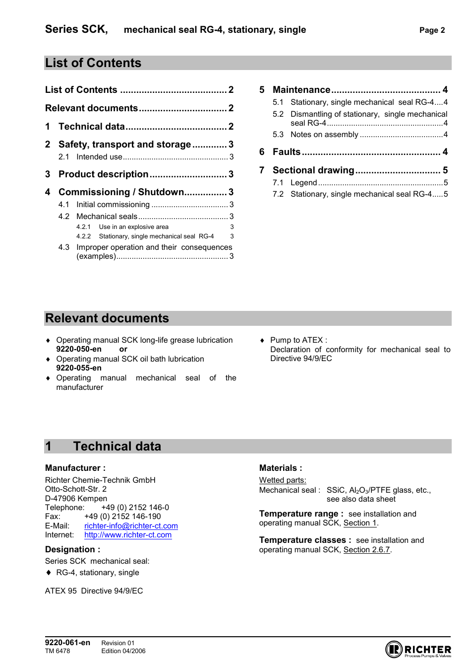 List of contents, Relevant documents, 1 technical data | 1technical data, Series sck | Richter RG4 stationary, single User Manual | Page 2 / 5