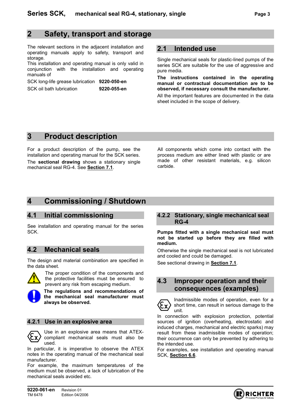 2 safety, transport and storage, 1 intended use, 3 product description | 4 commissioning / shutdown, 1 initial commissioning, 2 mechanical seals, 1 use in an explosive area, 2 stationary, single mechanical seal rg-4, Intended use, Initial commissioning | Richter RG4 stationary, single User Manual | Page 3 / 5