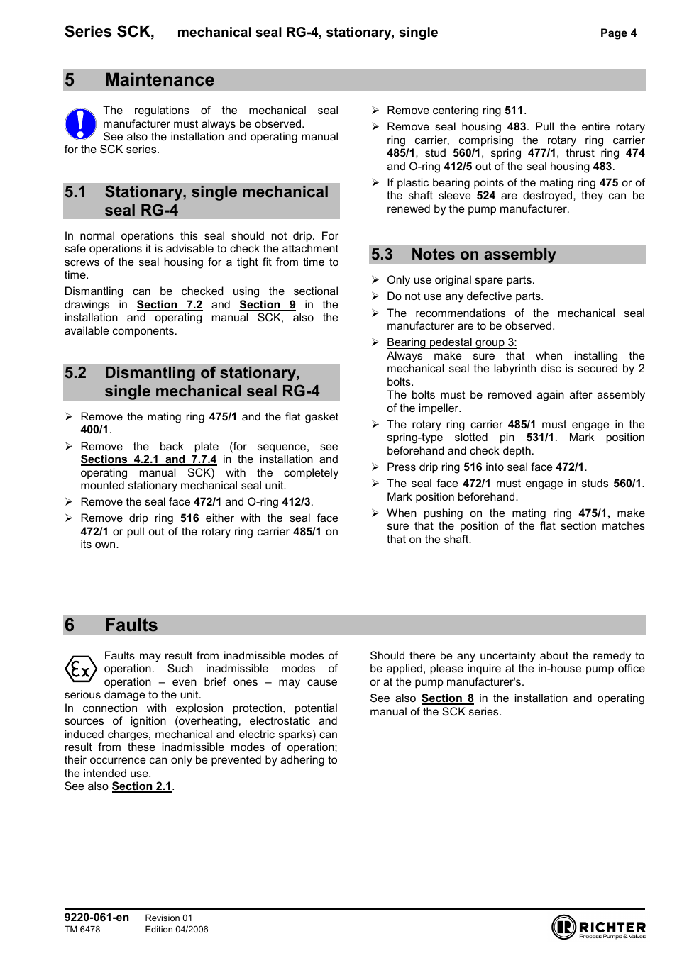 5 maintenance, 1 stationary, single mechanical seal rg-4, 3 notes on assembly | 6 faults, Stationary, single mechanical seal rg-4, Seal rg-4, Notes on assembly, 5maintenance, 6faults, Series sck | Richter RG4 stationary, single User Manual | Page 4 / 5