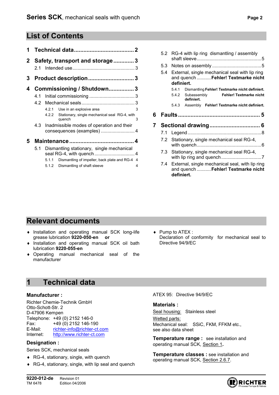 Relevant documents, List of contents, 1 technical data | 1technical data, Series sck | Richter Mechanical Seals User Manual | Page 2 / 8