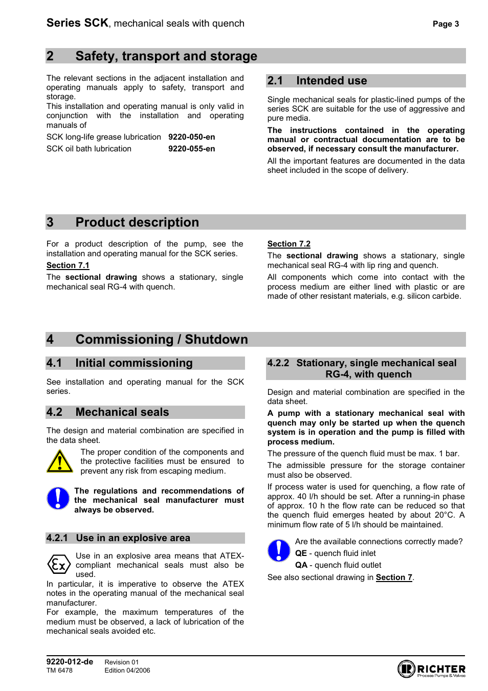 2 safety, transport and storage, 1 intended use, 3 product description | 4 commissioning / shutdown, 1 initial commissioning, 2 mechanical seals, 1 use in an explosive area, Intended use, Initial commissioning, Mechanical seals | Richter Mechanical Seals User Manual | Page 3 / 8