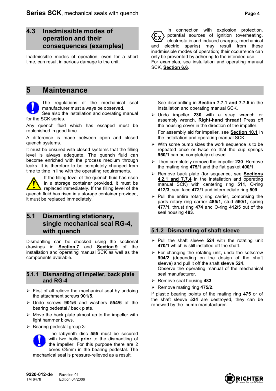 5 maintenance, 2 dismantling of shaft sleeve, Consequences (examples) | Seal rg-4, with quench, Dismantling of impeller, back plate and rg-4 4, Dismantling of shaft sleeve, 5maintenance, Series sck | Richter Mechanical Seals User Manual | Page 4 / 8