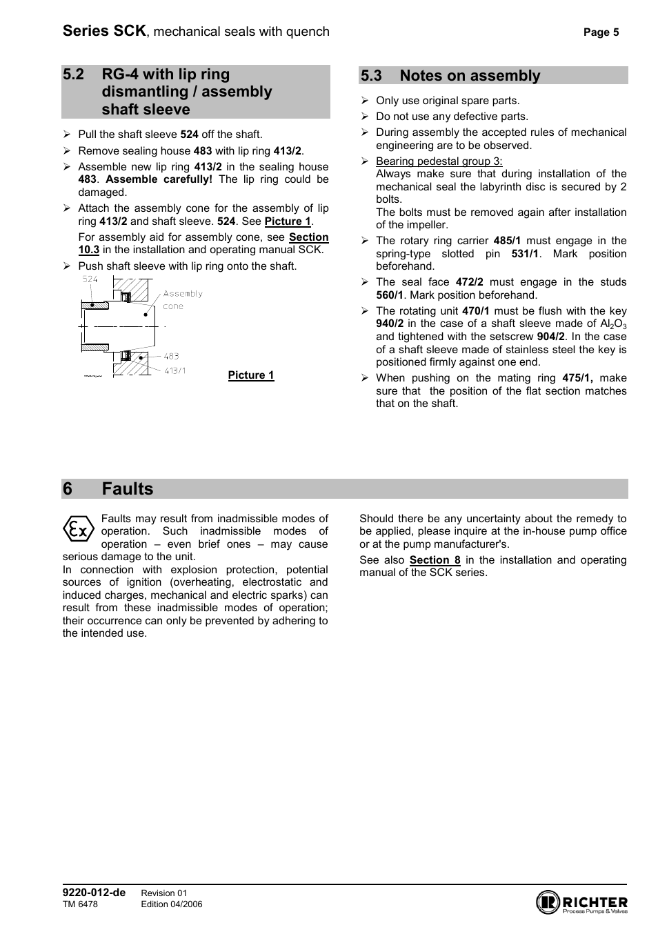 3 notes on assembly, 6 faults, Shaft sleeve | Notes on assembly, Assembly fehler! textmarke nicht definiert, 6faults, Series sck | Richter Mechanical Seals User Manual | Page 5 / 8