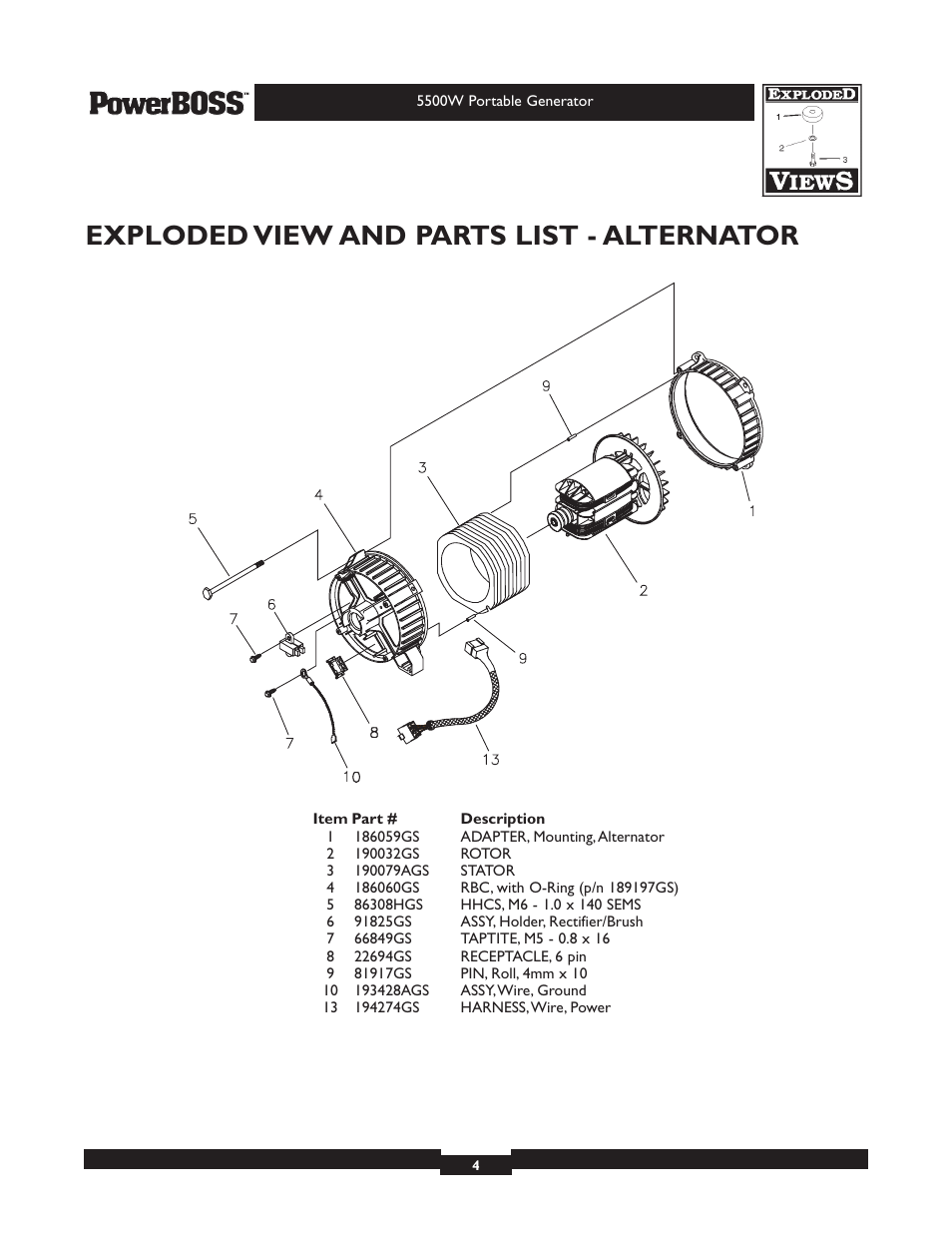 Exploded view and parts list - alternator | Briggs & Stratton PowerBoss 30221 User Manual | Page 4 / 6