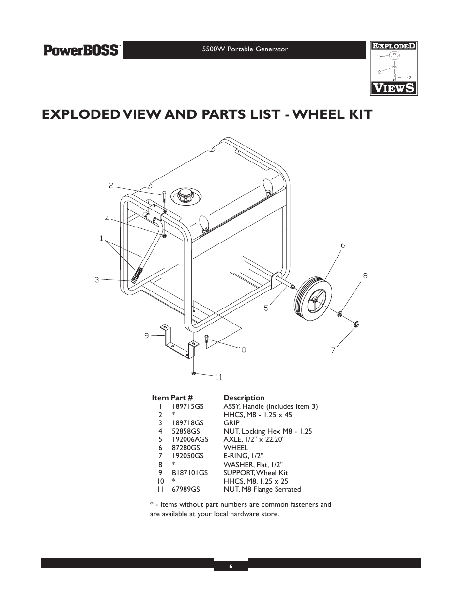 Exploded view and parts list - wheel kit | Briggs & Stratton PowerBoss 30221 User Manual | Page 6 / 6