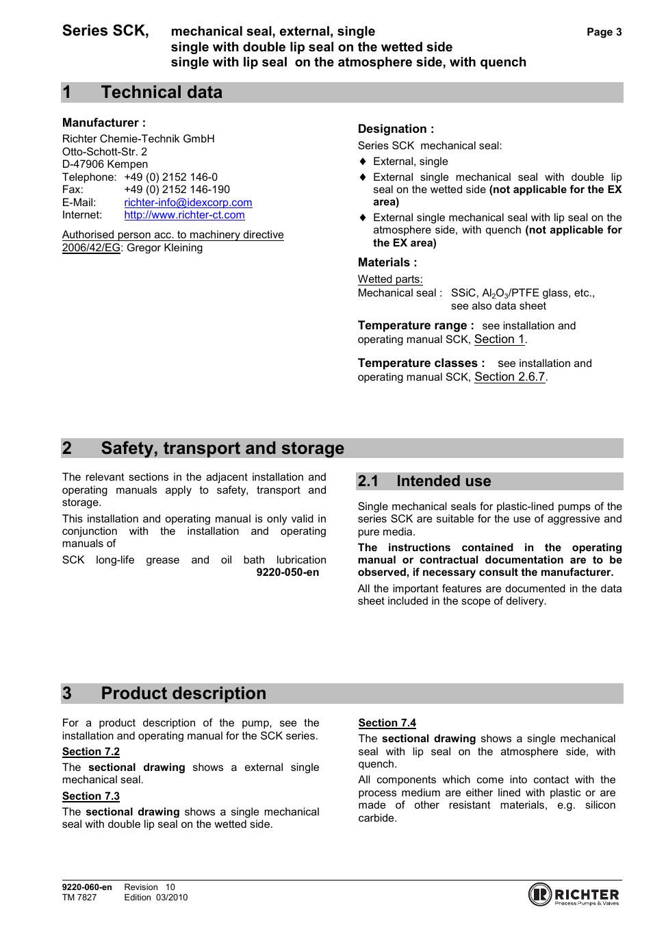 1 technical data, 2 safety, transport and storage, 1 intended use | 3 product description, Technical data, Safety, transport and storage, Intended use, Product description, 1technical data, 2safety, transport and storage | Richter Mechanical Seals User Manual | Page 3 / 11