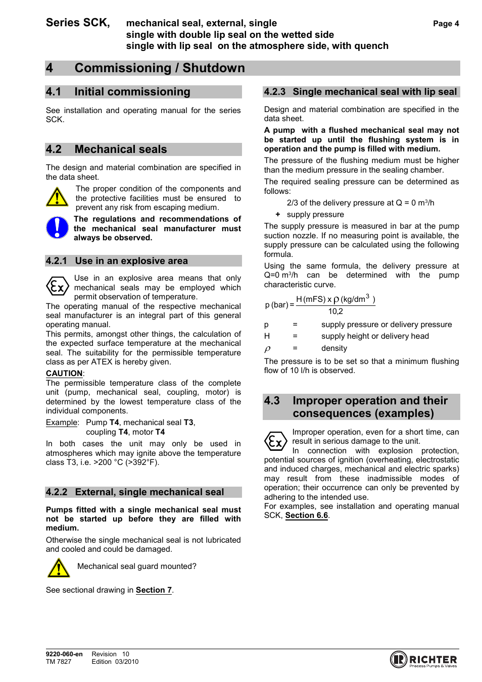 4 commissioning / shutdown, 1 initial commissioning, 2 mechanical seals | 1 use in an explosive area, 2 external, single mechanical seal, 3 single mechanical seal with lip seal, Commissioning / shutdown, Initial commissioning, Mechanical seals, Use in an explosive area | Richter Mechanical Seals User Manual | Page 4 / 11