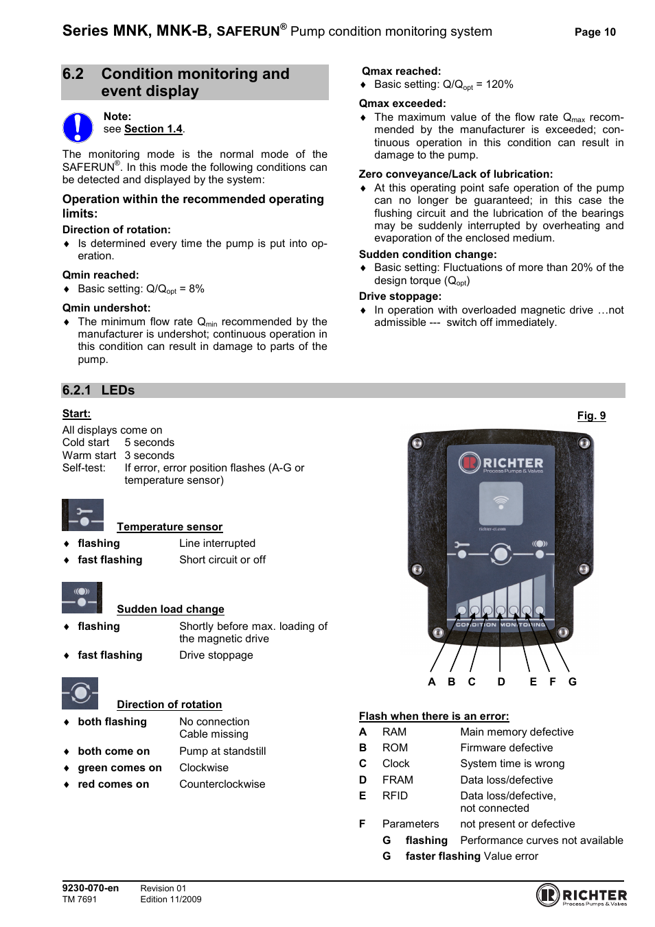 2 condition monitoring and event display, 1 leds, Condition monitoring and event display | Leds, Series mnk, mnk-b, Saferun, Pump condition monitoring system | Richter SAFERUN User Manual | Page 10 / 18