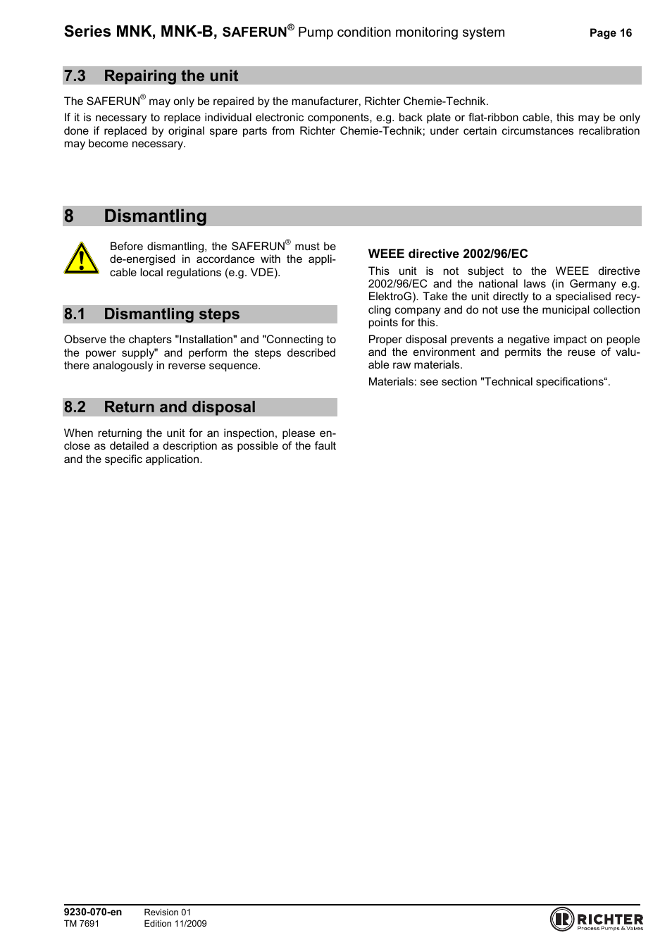 3 repairing the unit, 8 dismantling, 1 dismantling steps | 2 return and disposal, Repairing the unit, Dismantling steps, Return and disposal, 8dismantling, Series mnk, mnk-b | Richter SAFERUN User Manual | Page 16 / 18