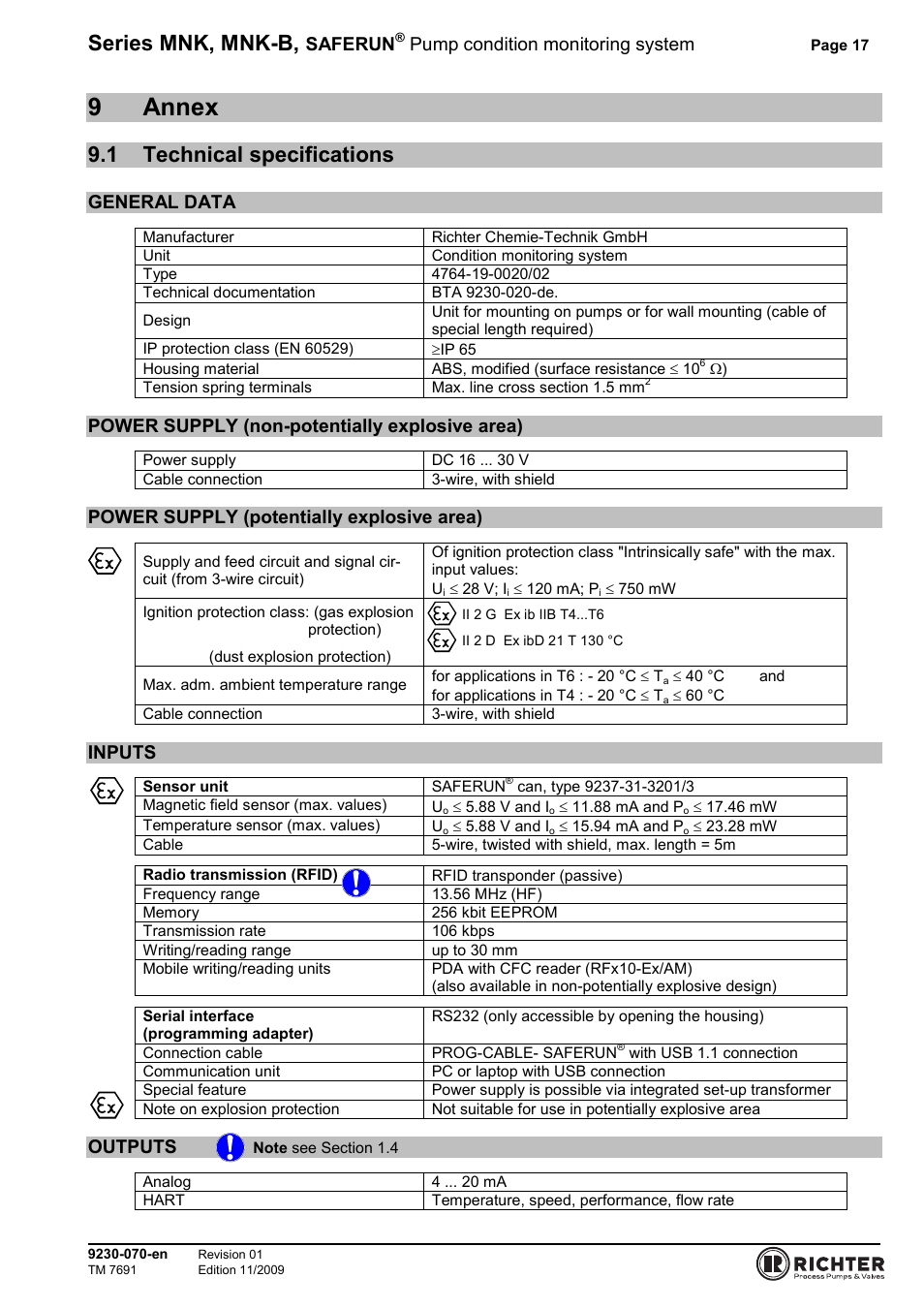 9 annex, 1 technical specifications, General data | Power supply (non-potentially explosive area), Power supply (potentially explosive area), Inputs, Outputs note see section 1.4, Technical specifications, Outputs, Note see section 1.4 | Richter SAFERUN User Manual | Page 17 / 18