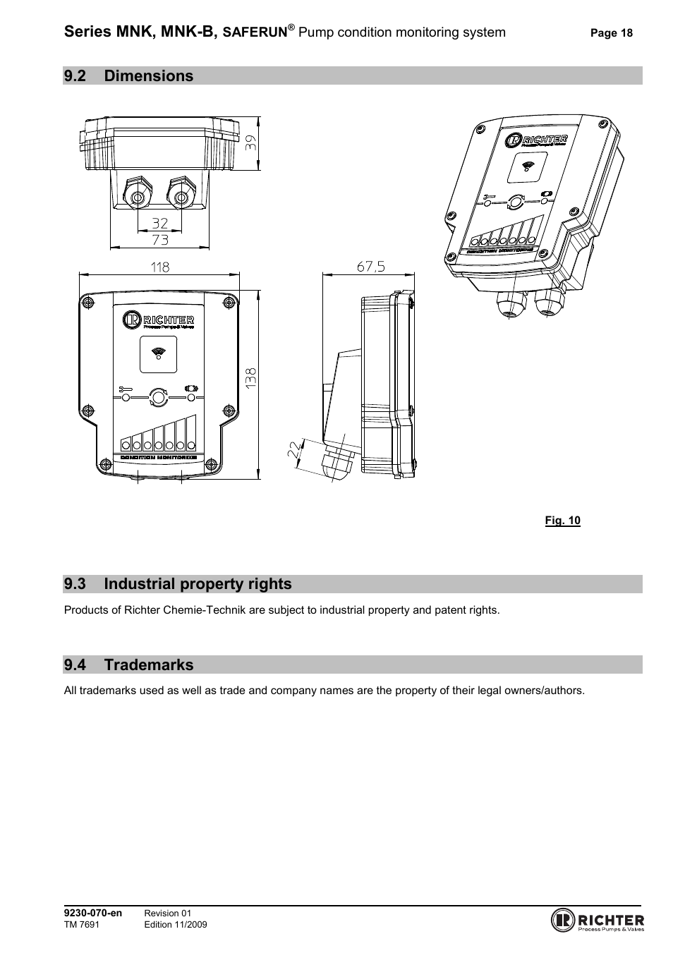 2 dimensions, 3 industrial property rights, 4 trademarks | Dimensions, Industrial property rights, Trademarks, Series mnk, mnk-b | Richter SAFERUN User Manual | Page 18 / 18