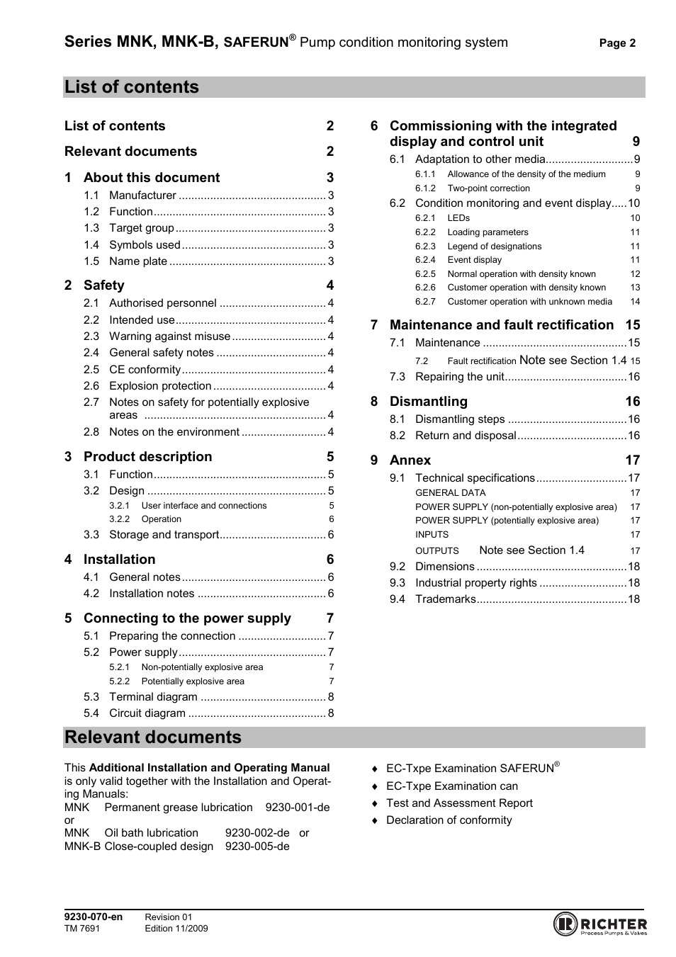 List of contents, Relevant documents, Series mnk, mnk-b | Richter SAFERUN User Manual | Page 2 / 18