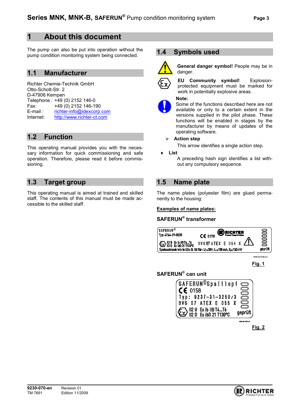 1 about this document, 1 manufacturer, 2 function | 3 target group, 4 symbols used, 5 name plate, Manufacturer, Function, Target group, Symbols used | Richter SAFERUN User Manual | Page 3 / 18