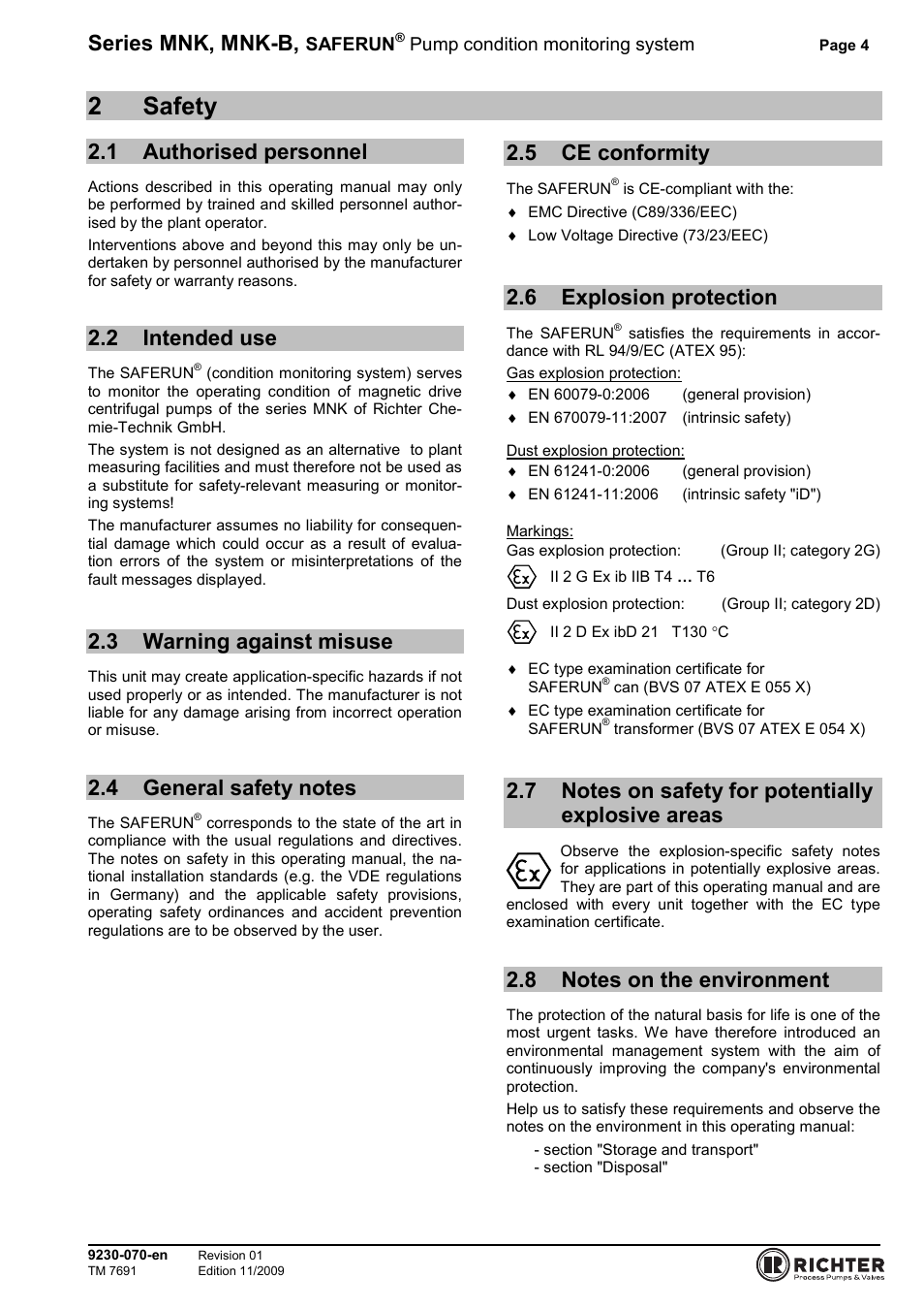 2 safety, 1 authorised personnel, 2 intended use | 3 warning against misuse, 4 general safety notes, 5 ce conformity, 6 explosion protection, 7 notes on safety for potentially explosive areas, 8 notes on the environment, Authorised personnel | Richter SAFERUN User Manual | Page 4 / 18